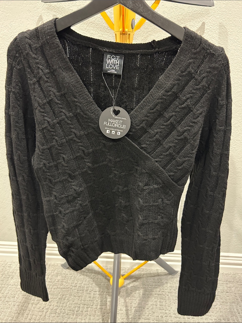 Black Cable-Knit V-Neck Wrap Sweater